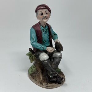 Capodimonte Old Man Figurine Sitting Stump with Pitcher & Glass Stamped Clean